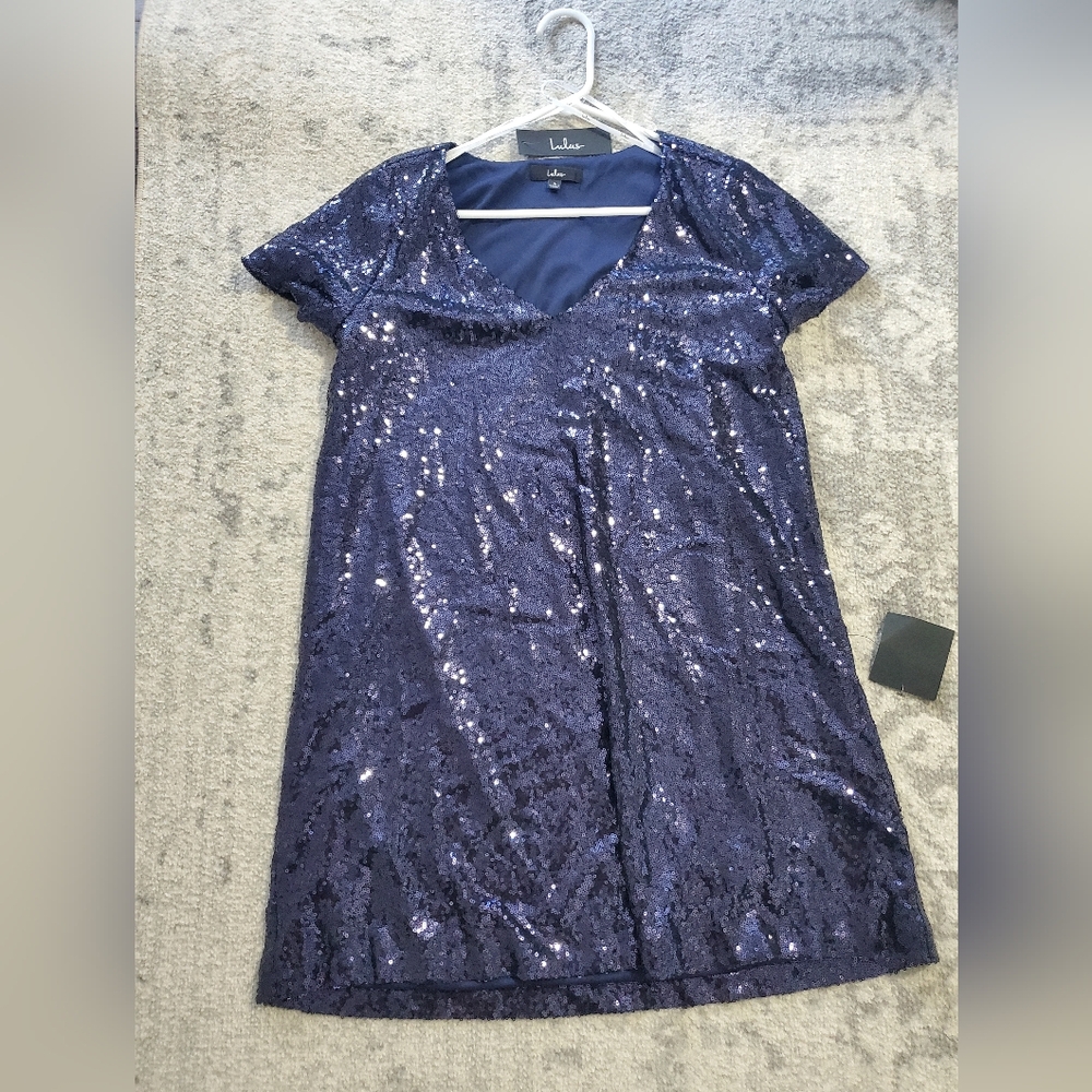 Lulu's Navy Sequin Short Sleeve Dress